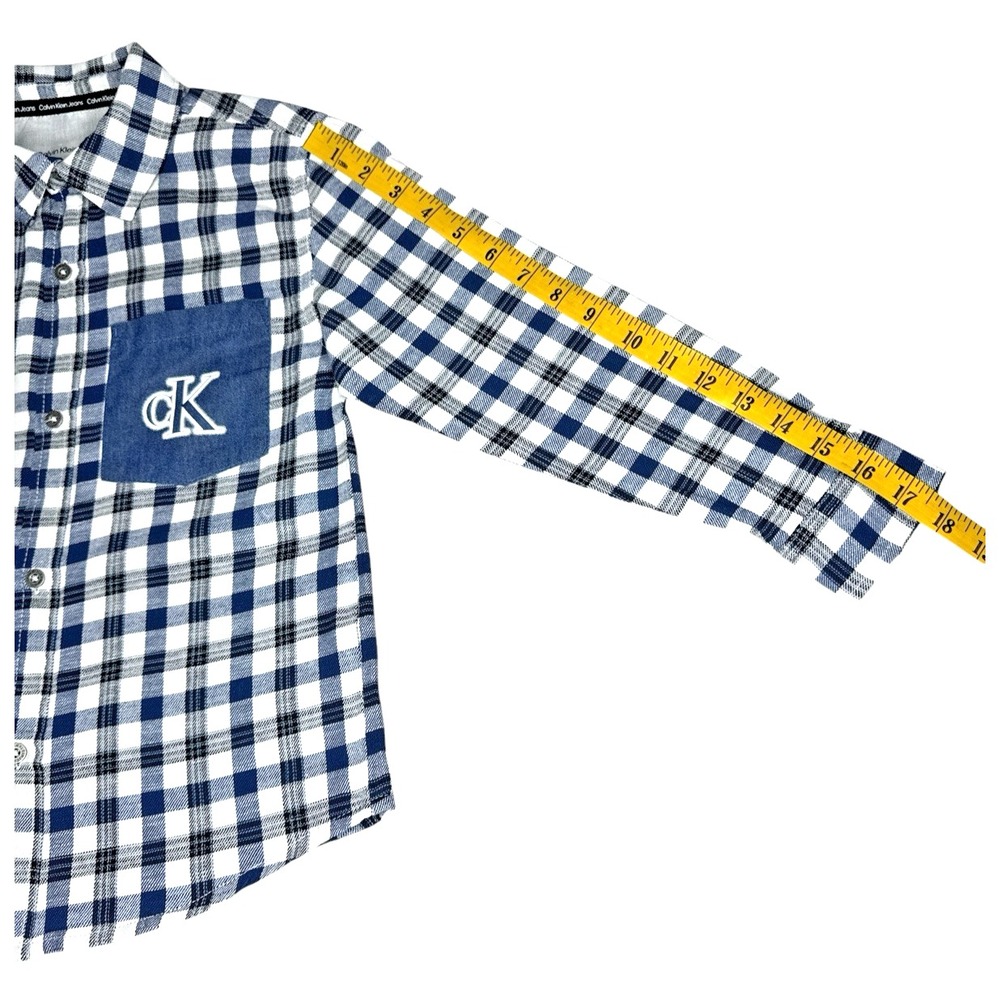 Calvin Klein Jeans Boy's Logo Pocket 100% Cotton Plaid Blue/White Shirt - Size 8 - Picture 6 of 12